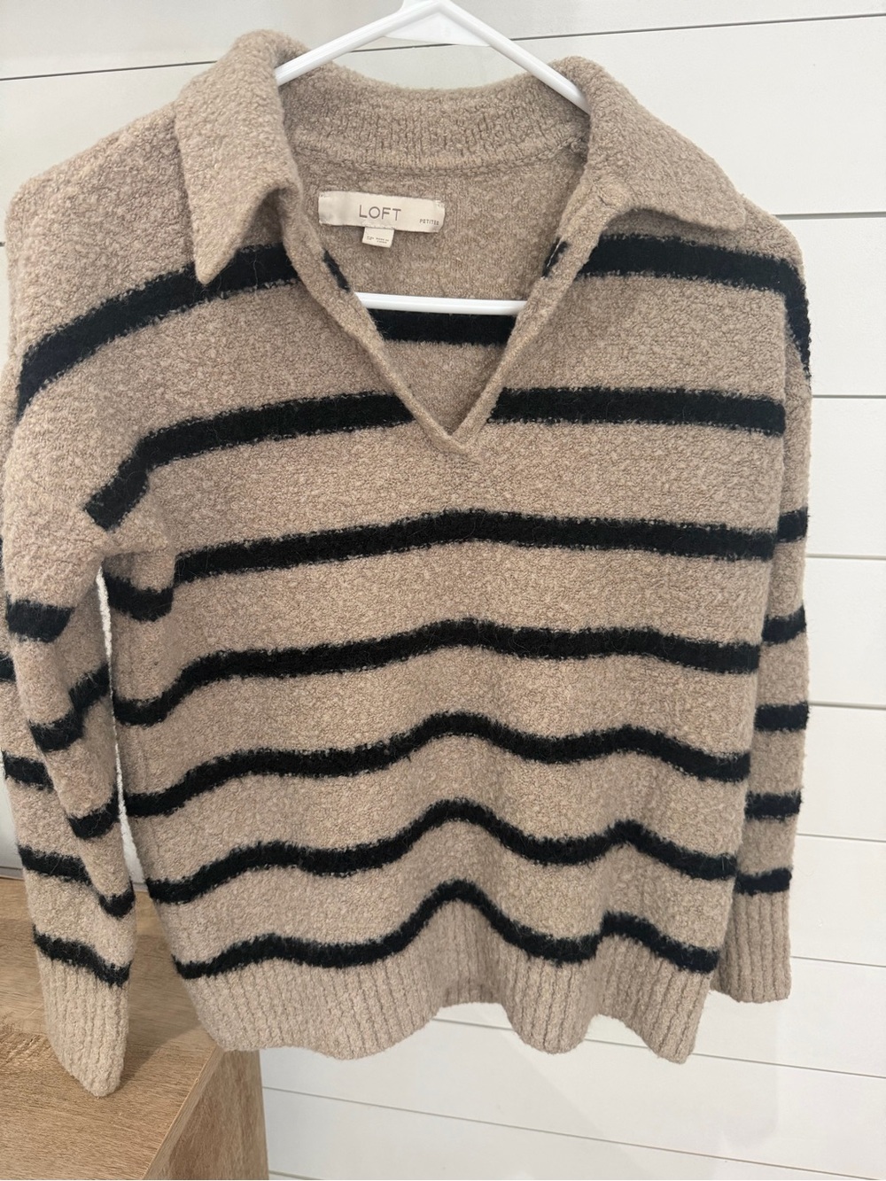 LOFT Taupe and Black Striped V‑Neck Collared Sweater
